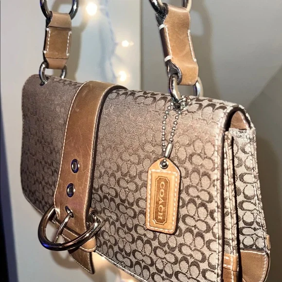 Coach Brown Leather Trim Shoulder Bag with Signature Monogram Soho Flap - Picture 4 of 8